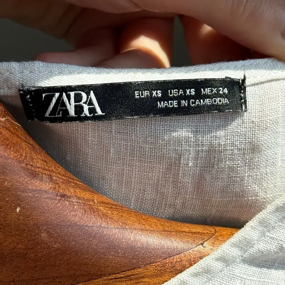 Zara 100% Linen White Puff Sleeve Blouse XS Oversized Coastal Minimalist Summer